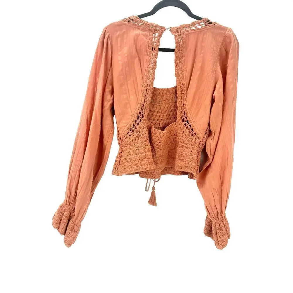 Free People Megan Crochet Knit Peplum Puff Sleeve Top Coral Sand Size Small NWOT